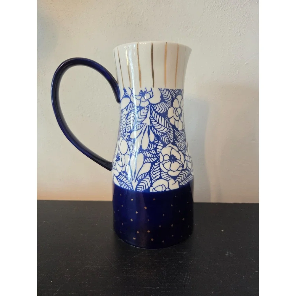 Anthropologie Garden Guest Pitcher Vase Blue Gold Floral Carla Dinnage 9.5''